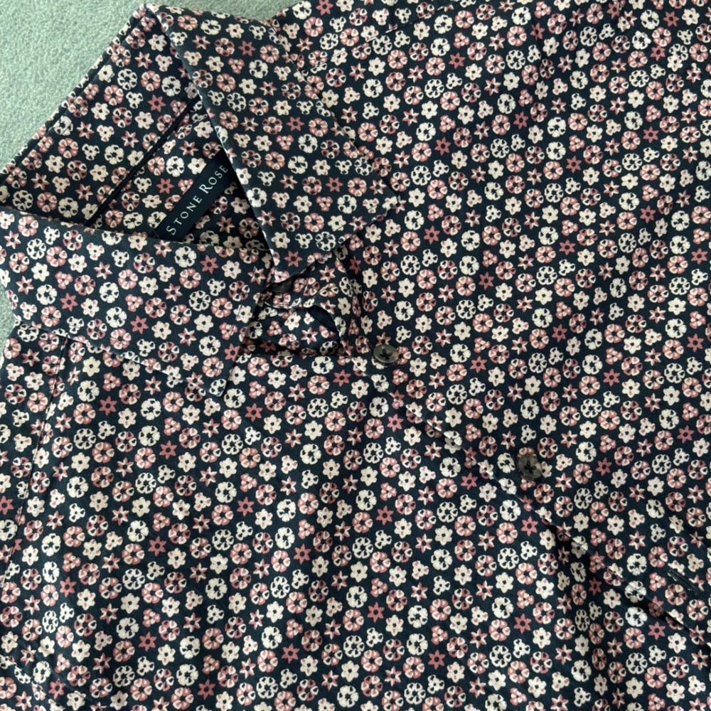 Stone Rose Mens Pink Navy Floral Short Sleeve Button Down Shirt Small